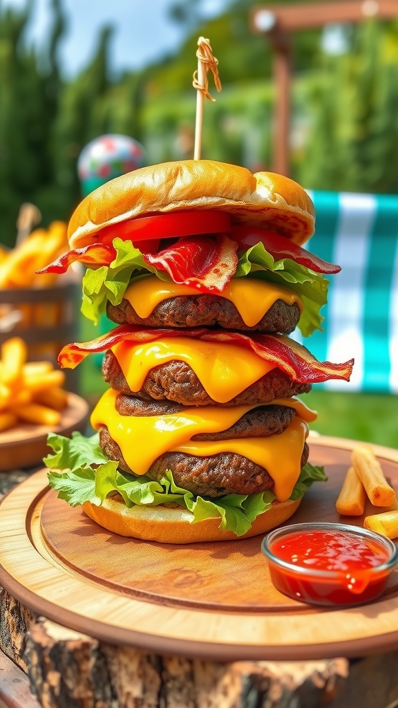 A delicious gourmet burger with beef patty, cheese, bacon, lettuce, and tomato on a wooden board with fries.